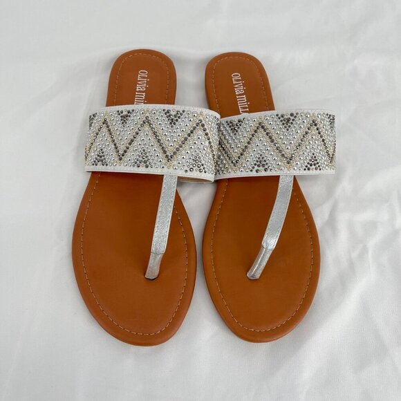 Olivia Miller Women's‎ Rhinestone Studded Slip-On Sandals Size 10 White & Silver - Picture 3 of 5